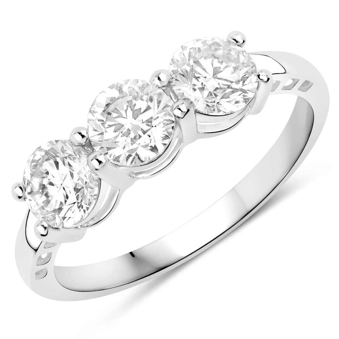 14KT White Gold 1.50ctw Lab Diamond Ring: Crafted in radiant 14K white gold, this fine finish three stone ring showcases the brilliance of lab grown diamonds with a total weight of 1.50 carats. Featuring three round diamonds, each 5.00mm in s