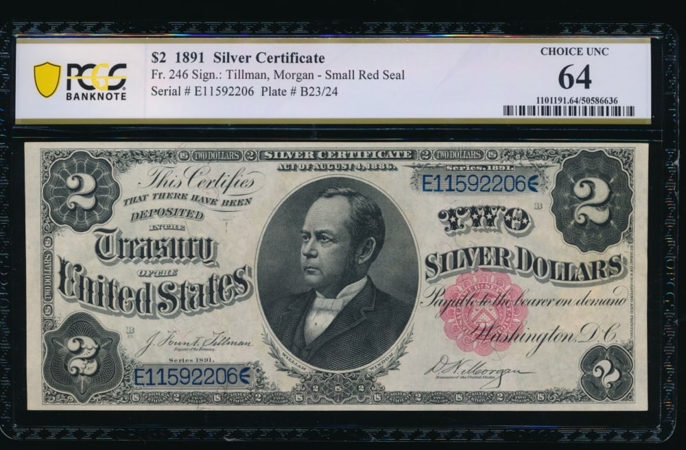 1891 $2 Silver Certificate PCGS 64: One 1891 $2 Silver Certificate PCGS 64.