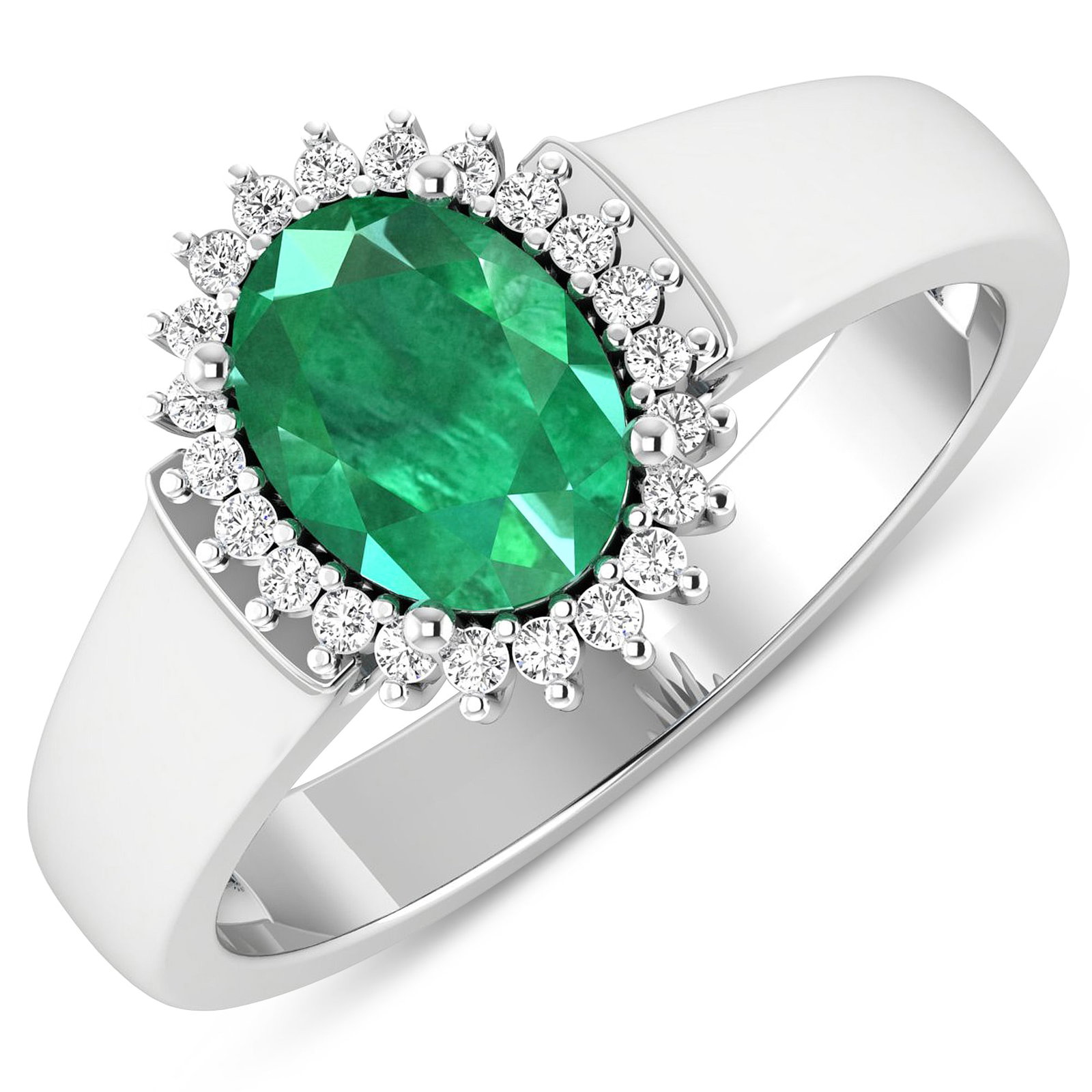 14KT White Gold 1ct Zambian Emerald and Diamond Ring: Zambian Emerald (AA) Oval 8x6mm 1Pc + White Diamond F/C Round 1.00mm 22Pcs (I1 I2/I color). Total weight of gemstone is 1cts. Total weight of Diamonds is 0.1cts. Total weight of this ring is 3.98 gram