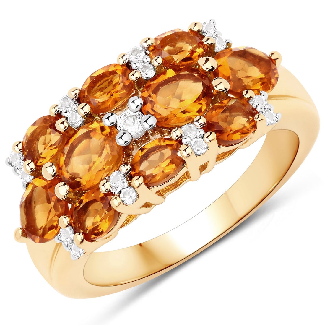 Plated 14KT Yellow Gold 2.28ctw Citrine and White Topaz Ring: 14K Yellow Gold Plated Genuine Citrine & White Topaz .925 Sterling Silver Ring. Citrine Oval/5x4mm - 4/1.32 ctw Prong Setting Natural Heat Treated N and Citrine Oval/4x3mm - 6/0.96 ctw Natural Heat Tr