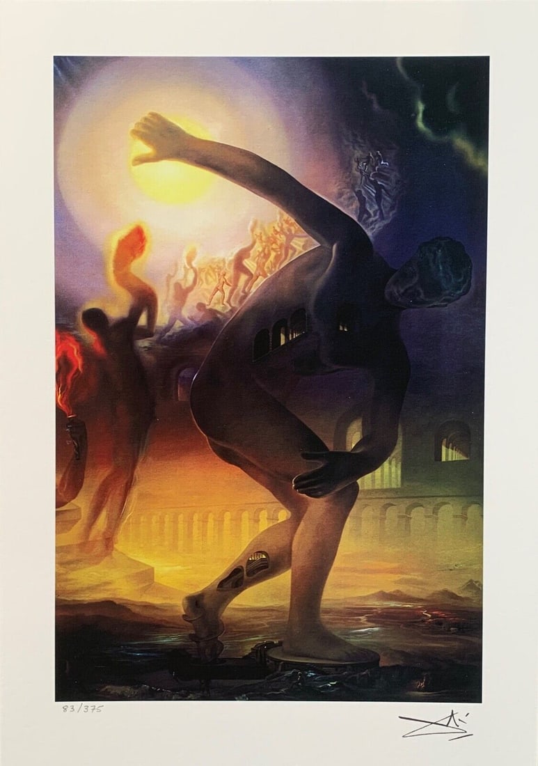 Salvador Dali COSMIC ATHLETE Facsimile Signed & Numbered Giclee: This is a limited edition giclee titled POETRY OF AMERICA, COSMIC ATHLETE by Salvador Dali. This piece is facsimile signed on the lower right. Pencil numbered from an edition of 375. Paper measures 15