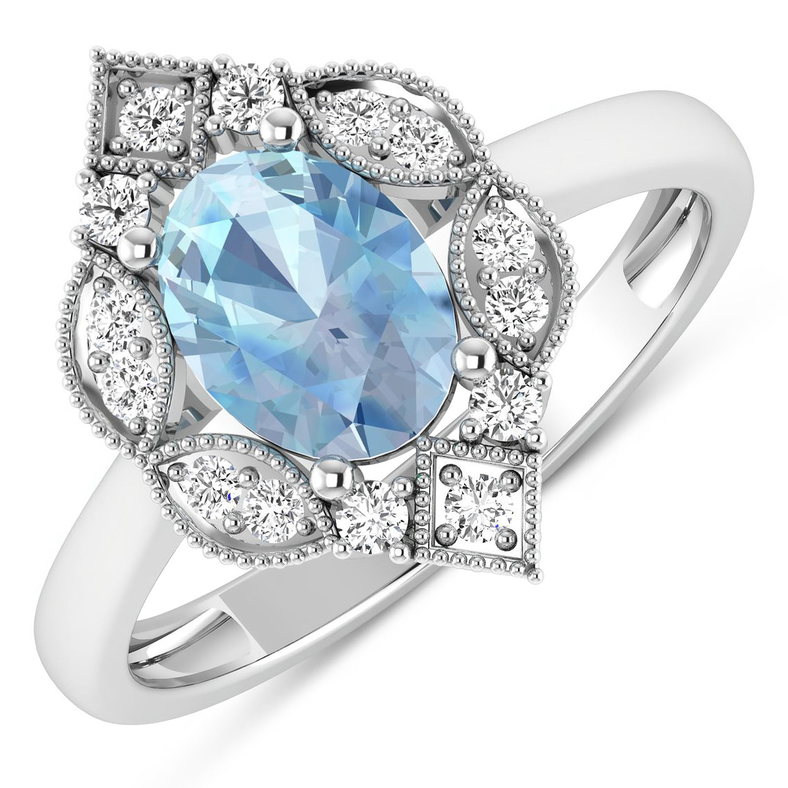 14KT White Gold 0.96ctw Aquamarine and Diamond Ring: Aquamarine (AA+) Oval 8x6mm - 1Pc + White Diamond F/C Round 1.50mm - 14Pcs ( I1-I2/I color ) Total weight of gemstone is 0.96cts. Total Diamond weight is 0.2cts. Total weight of this ring is 2.43 gram