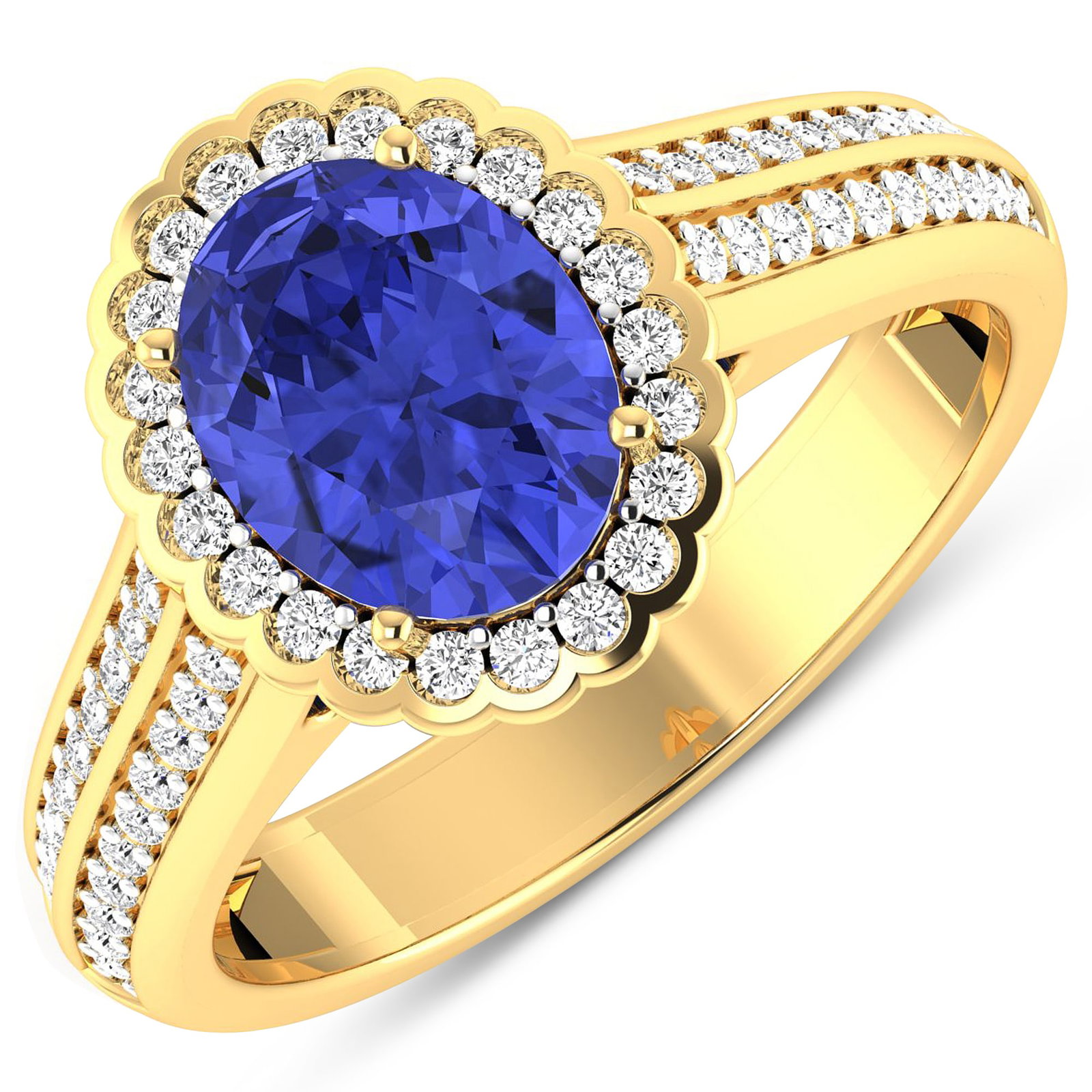 14KT Yellow Gold 1.41ct Tanzanite and Diamond Ring: Tanzanite (AA+) Oval 9x7mm - 1Pc + White Diamond F/C Round 1.20mm - 30Pcs + White Diamond F/C Round 1.10mm - 20Pcs + White Diamond F/C Round 1.00mm - 12Pcs ( White Pan Rhodium ) (I1-I2/I color). Total