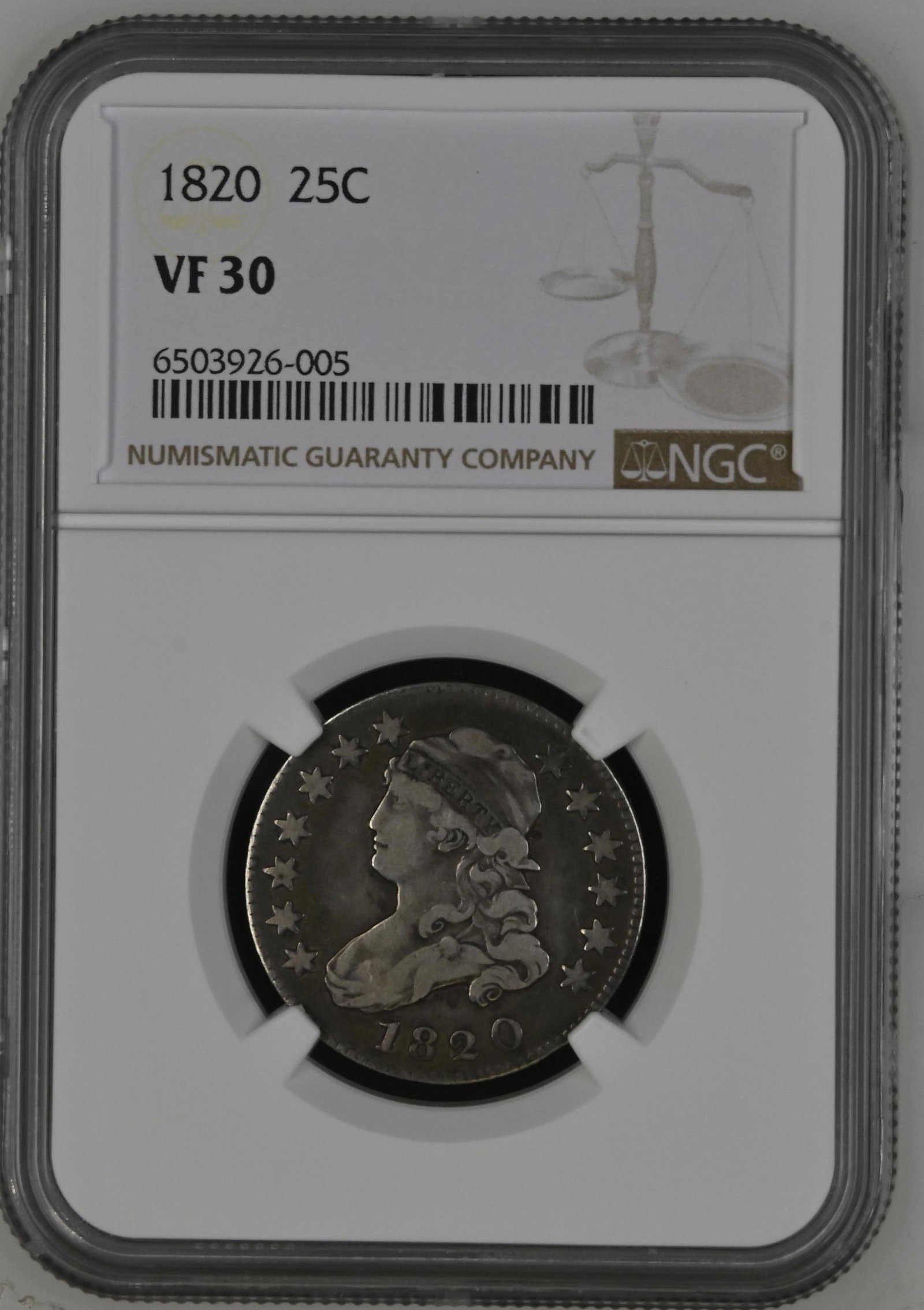 1820 Capped Bust Large Size Quarter NGC VF30: One 1820 Capped Bust Large Size Quarter NGC VF30.
