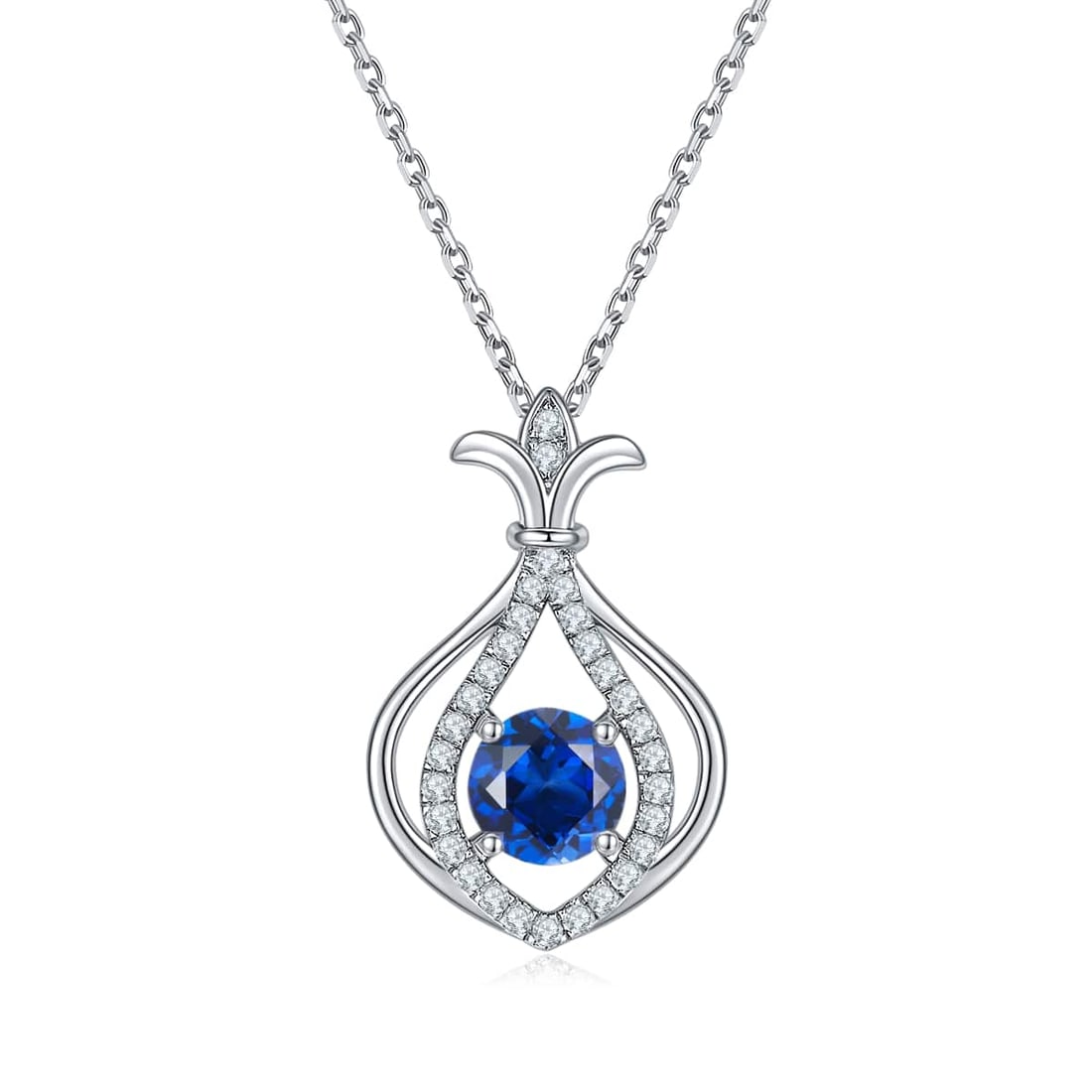 Beautiful Blue Sapphire Lab Created Pendant: Ladies Beautiful Lab Created VVS1 Sri Lanka Blue Sapphire Pendant. This Blue Sapphire Pendant is a near flawless 1 ct brilliant round cut. Mounted in .925 solid sterling silver. It is complimented by 