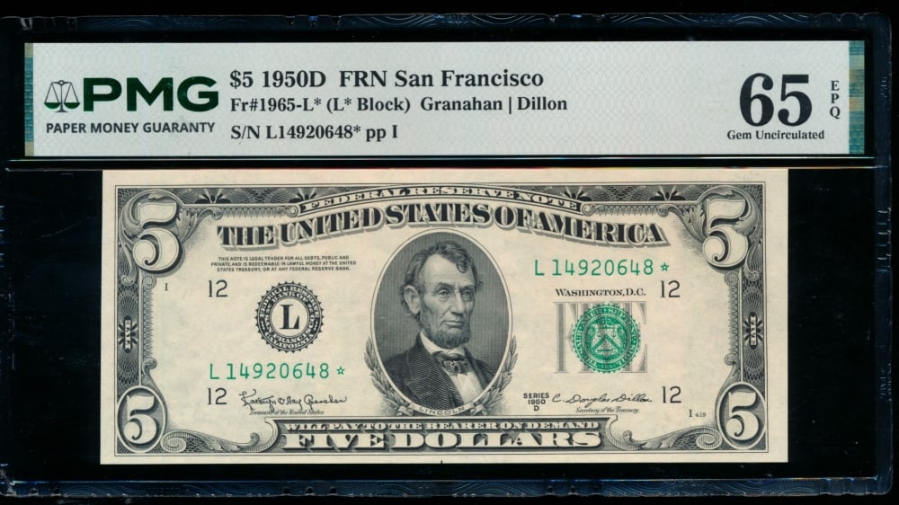 1950D $5 STAR San Francisco FRN PMG 65EPQ (1 of 2)