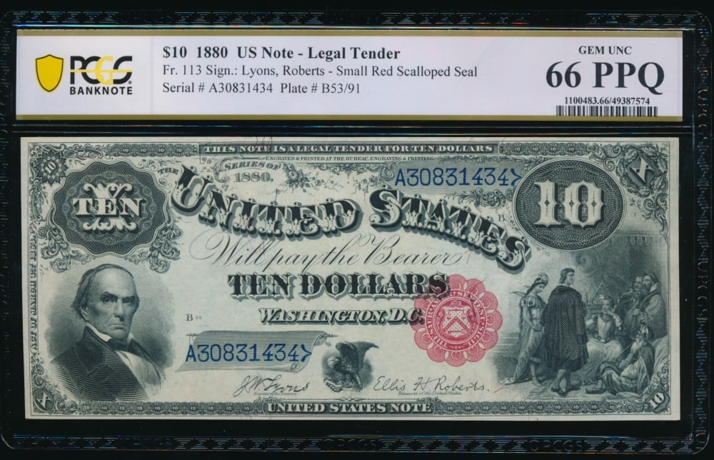 1880 $10 Jackass Legal Tender Note PCGS 66PPQ: One 1880 $10 Jackass Legal Tender Note PCGS 66PPQ.