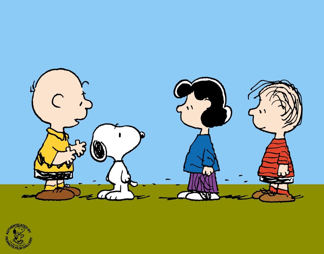 PEANUTS Sericel Lucy Linus Snoopy Charlie Brown Animation Art: This is a Peanuts Limited Edition Sericel titled Peanuts, A Celebration. This fantastic animation features Charlie Brown, Snoopy, Lucy van Pelt, and Linus van Pelt as they appeared in the original ani