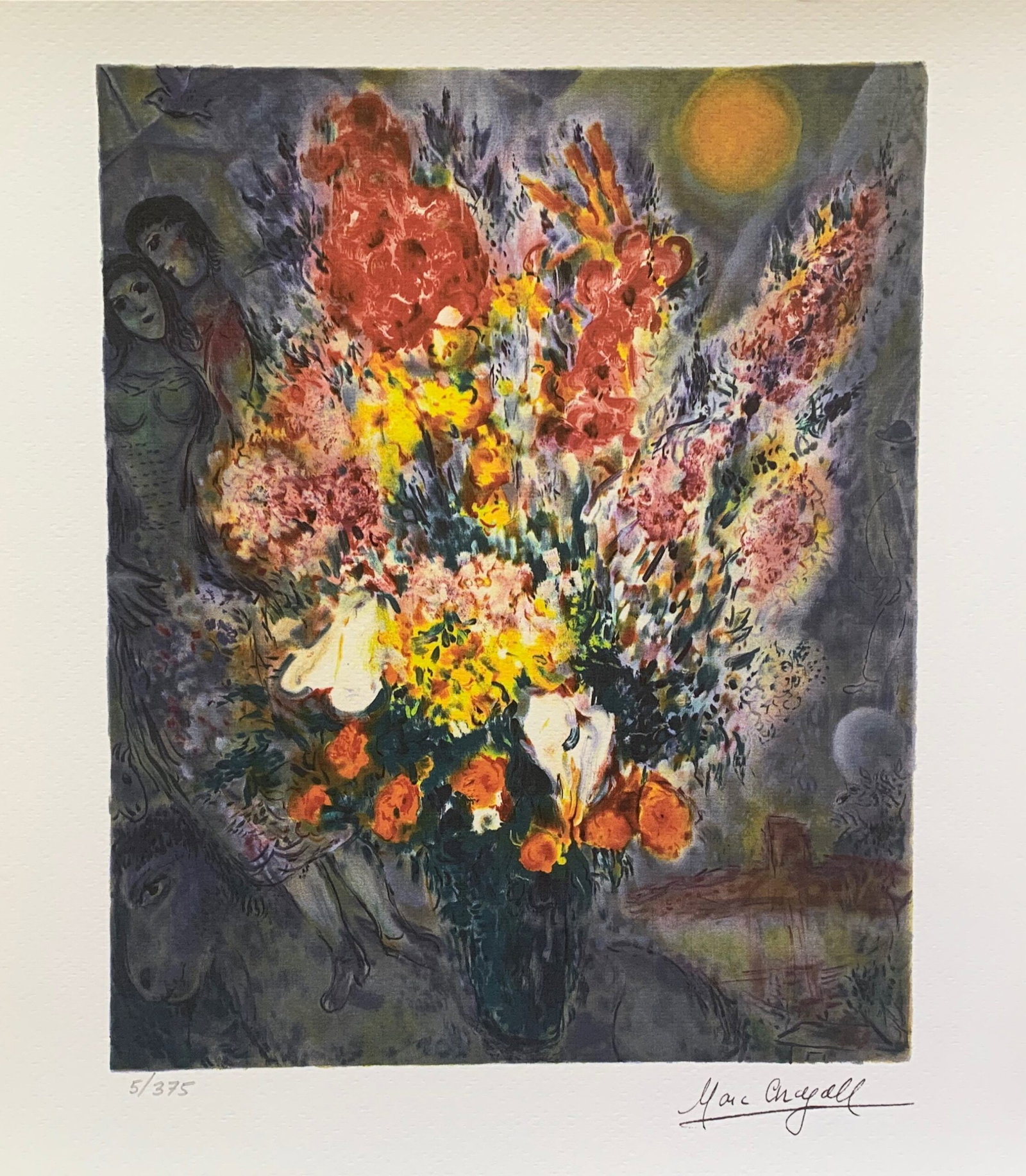 Marc Chagall ORIGINAL BOUQUET Limited Edition Facsimile Signed Giclee: This is a Marc Chagall limited edition extra small giclee titled ORIGINAL BOUQUET. This giclee is facsimile signed on the lower right and is pencil numbered 1 on the lower left from an edition of only