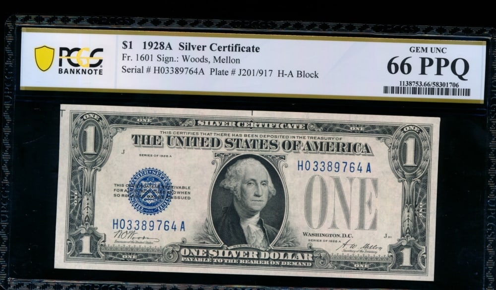 1928A $1 Silver Certificate PCGS 66PPQ: One 1928A $1 Silver Certificate PCGS 66PPQ.