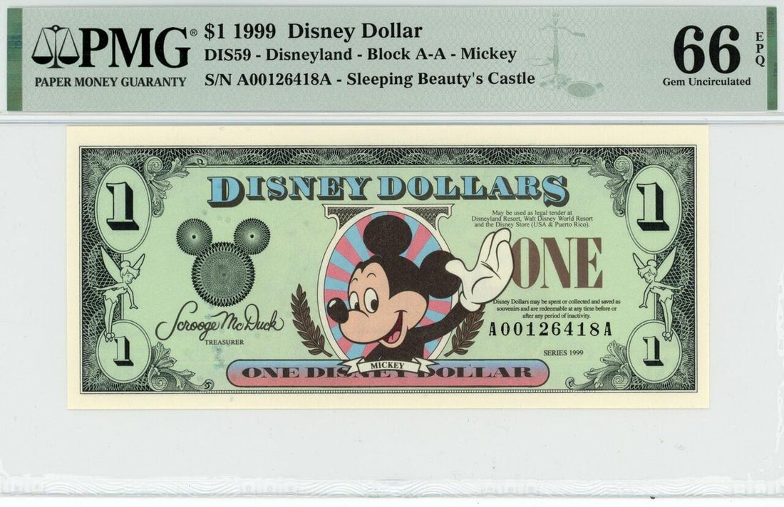 1999 $1 Mickey Disney Dollar PMG 66EPQ: One 1999 $1 Mickey Disney Dollar PMG 66EPQ.