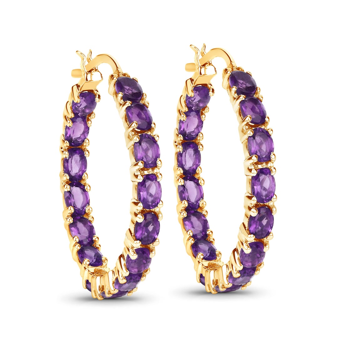 Plated 14KT Yellow Gold 4.80ctw Amethyst Earrings: These 14K yellow gold?plated .925 sterling silver hoop earrings showcase 4.80 ctw of natural, untreated amethyst, featuring thirty 4?3 mm oval stones set in secure prongs for rich February?birthstone 