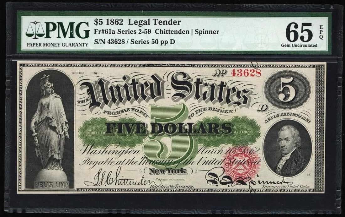1862 $5 Legal Tender Note PMG 65EPQ: One 1862 $5 Legal Tender Note PMG 65EPQ.