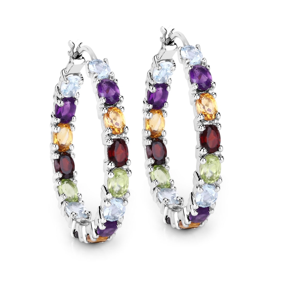 Plated Rhodium 5.44ctw Multi Color Stone Earrings: These rhodium?plated .925 sterling silver hoop earrings showcase a vibrant mix of natural gemstones, featuring 30 oval?cut stones in 4?3?mm sizing and totaling 5.44 carats. The design includes untreat