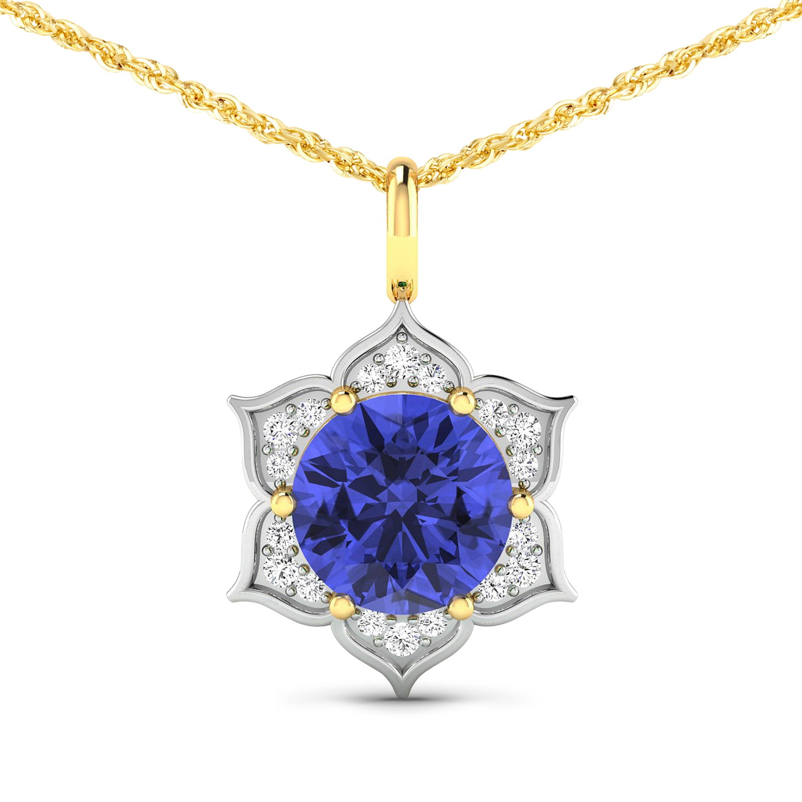 14KT Yellow Gold 2.02ctw Tanzanite and Diamond Pendant: Tanzanite (AA+) Round 8.00mm - 1Pc + White Diamond F/C Round 1.30mm - 6Pcs + White Diamond F/C Round 1.10mm - 12Pcs ( White Pan Rhodium ) ( SI2/HI color ) Total weight of gemstone is 2.02cts. Total Di