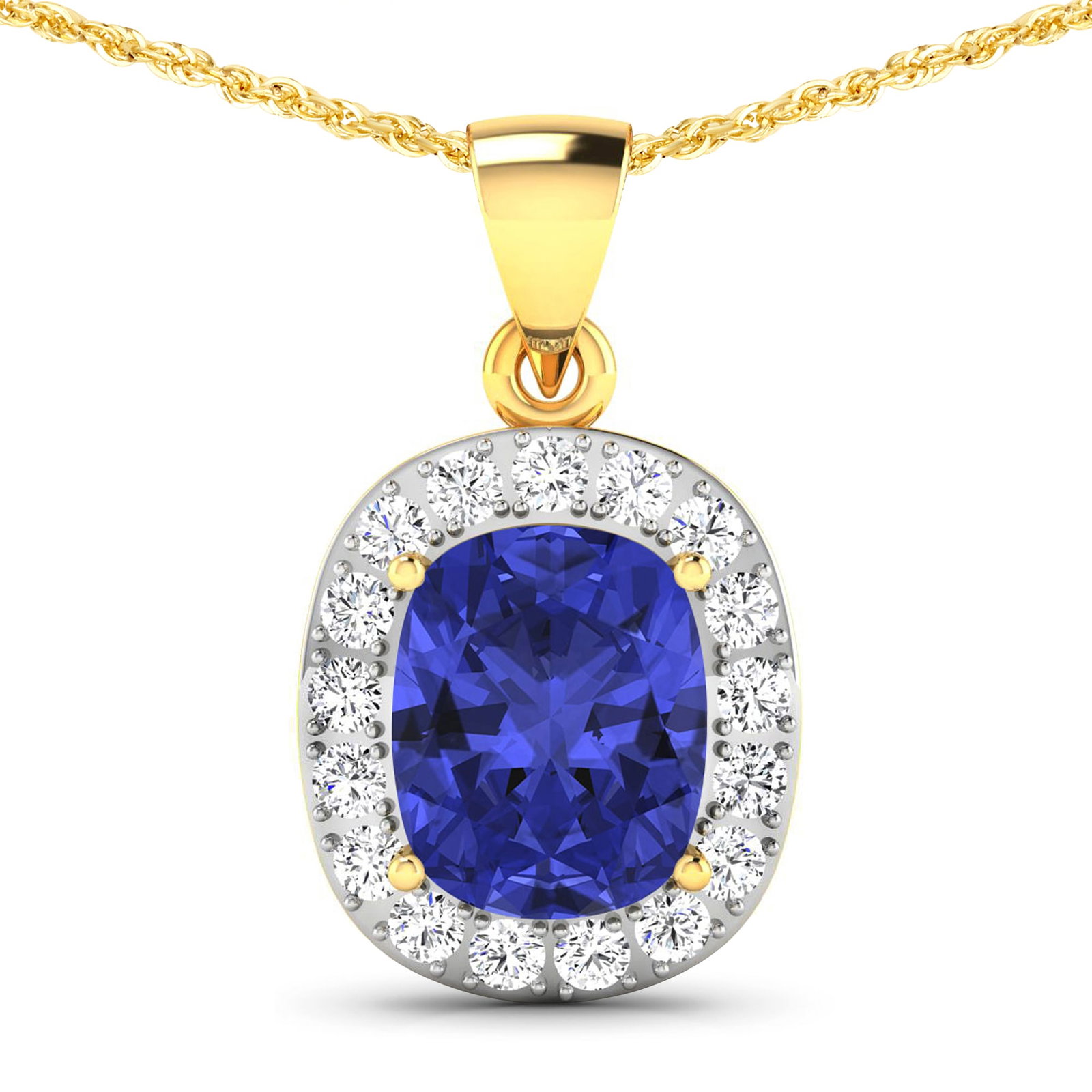 14KT Yellow Gold 3.1ctw Tanzanite and Diamond Pendant: Tanzanite (AA+) Cushion 10x8mm - 1Pc + White Diamond F/C Round 2.00mm - 17Pcs ( Diamond Quality : SI-2/HI ) Total weight of gemstone is 3.1cts. Total Diamond weight is 0.51cts. Total weight of this pe