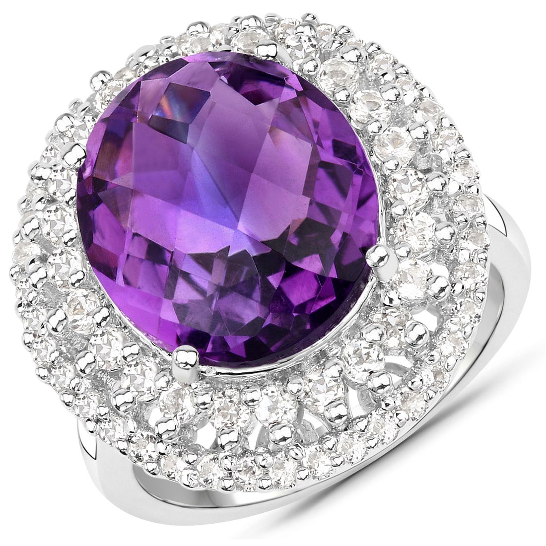 Plated Rhodium 8.41ctw Amethyst and White Topaz Ring: Plated Rhodium 6.65ct Amethyst and White Topaz Ring. Amethyst Oval/14x12mm - 1/6.65 ctw Natural Not Treated. White Topaz Round/1.80mm - 24/0.96 ctw Natural Heat Treated. White Topaz Round/1.35mm - 40/
