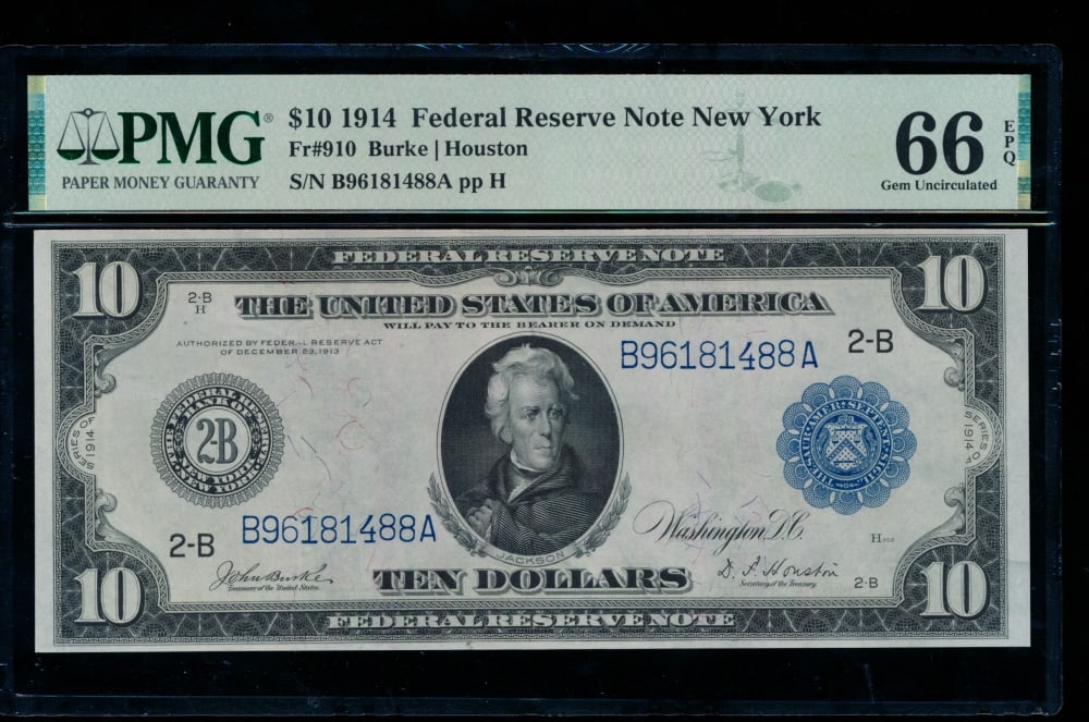 1914 $10 New York FRN PMG 66EPQ: One 1914 $10 New York FRN PMG 66EPQ.