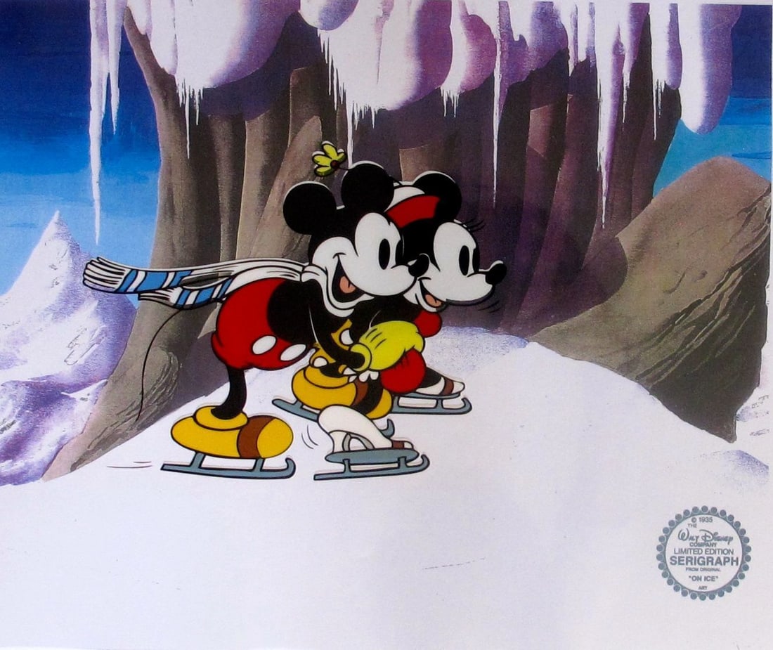 DISNEY MICKEY & MINNIE MOUSE ICE SKATING Ltd Edition Sericel Animation Art Cel: This is a Disney Limited Edition Serigraph Cel of MICKEY & MINNIE MOUSE as Ice Skaters. Disneys own artists have selected this scene from the ORIGINAL animation drawings used to produce the classic Di