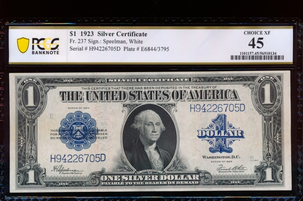 1923 $1 Silver Certificate PCGS 45: One 1923 $1 Silver Certificate PCGS 45.
