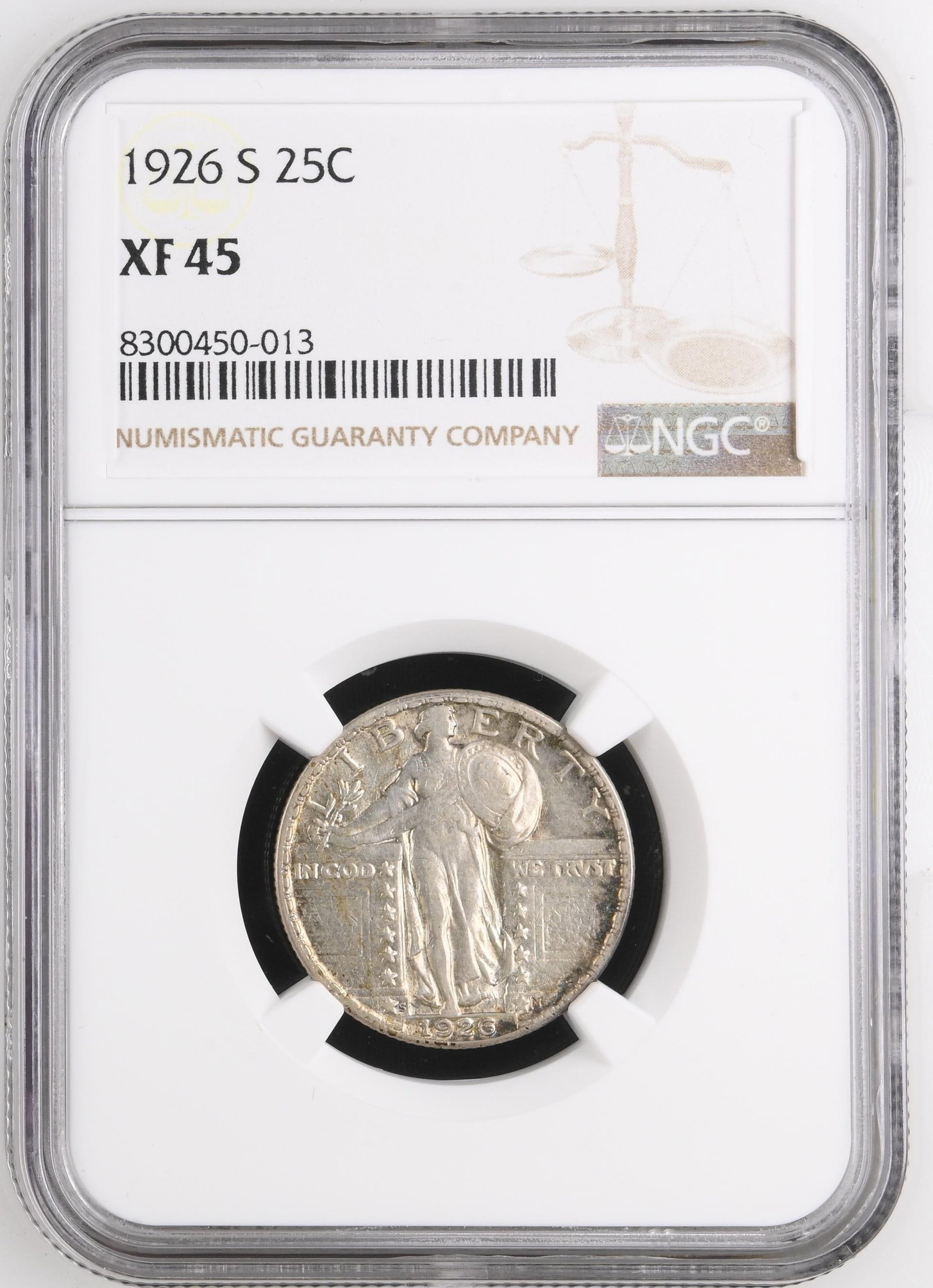 1926-S Standing Liberty Quarter NGC XF45: One 1926-S Standing Liberty Quarter NGC XF45.