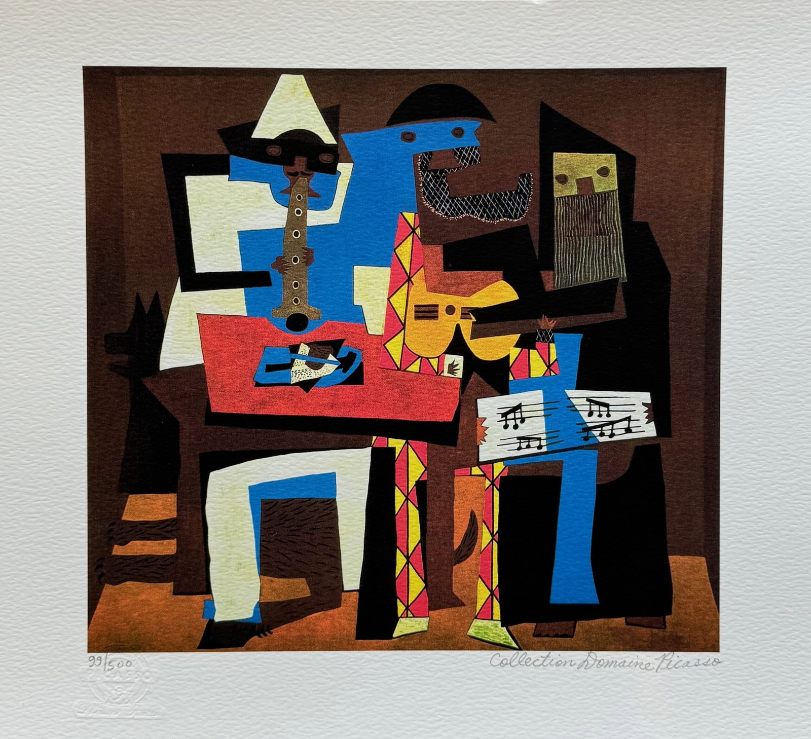 Pablo Picasso THREE MUSICIANS Estate Signed Limited Edition Giclee: This is a PABLO PICASSO (ESTATE COLLECTION DOMAINE) (1881-1973) small giclee titled THREE MUSICIANS. This piece is pencil signed on the lower right as Collection Domaine Picasso and has an embossed se