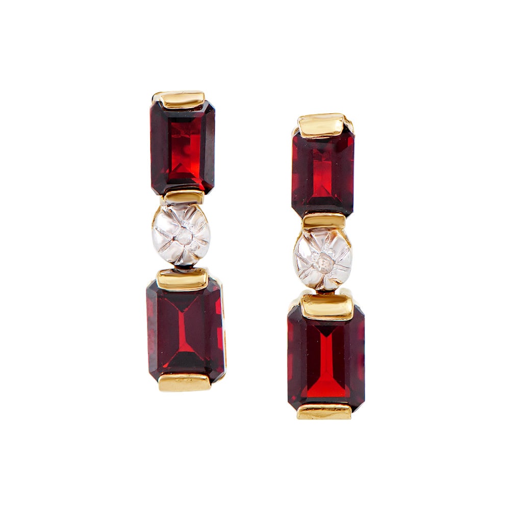 Plated 18KT Yellow Gold 1.20ctw Garnet and Diamond Earrings: One pair of Plated 18KT Yellow Gold 1.20ctw Garnet and Diamond Earrings. (4) Garnet stones with a total weight of 1.20cts. Diamonds with a total weight of 0.02cts with a color of I-J and with a clarit