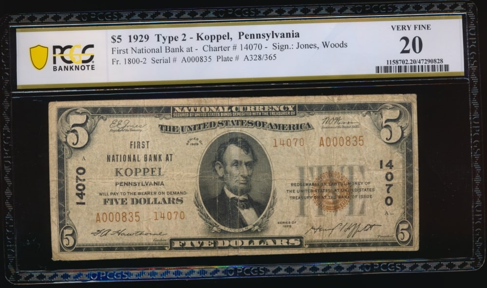 1929 $5 Koppel PA National PCGS 20 (1 of 2)