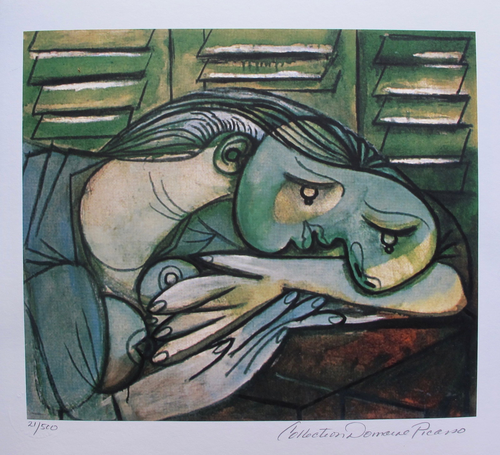 Pablo Picasso LADY WITH HEAD ON ARMS Estate Signed Limited Edition Giclee: This is a PABLO PICASSO (ESTATE COLLECTION DOMAINE) (1881-1973) giclee titled LADY WITH HEAD ON ARMS. This piece is pencil signed on the lower right as Collection Domaine Picasso and has an embossed s