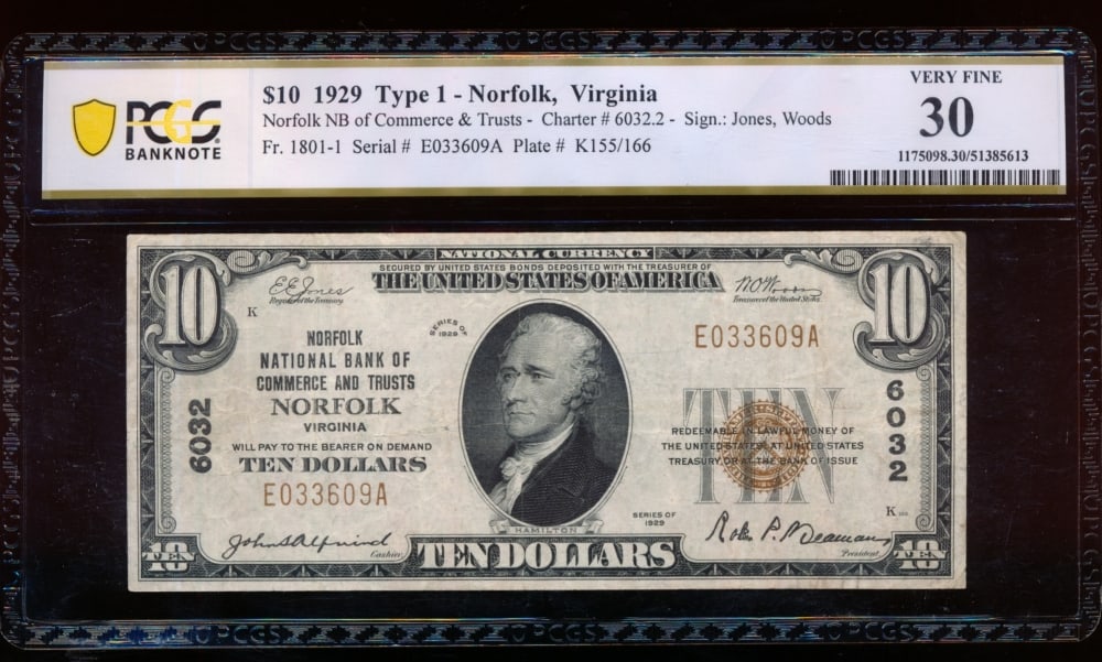 1929 $10 Norfolk VA National PCGS 30 (1 of 2)