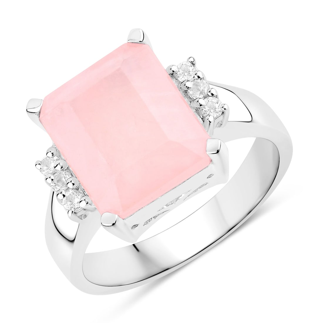 Sterling Silver 5.72ctw Rose Quartz and White Topaz Ring: A natural 12x10mm octagon cut rose quartz (5.53ctw) sits at the center of this rhodium plated .925 sterling silver bridge ring, paired with six round natural white topaz accents (1.80mm 0.19ctw) for a