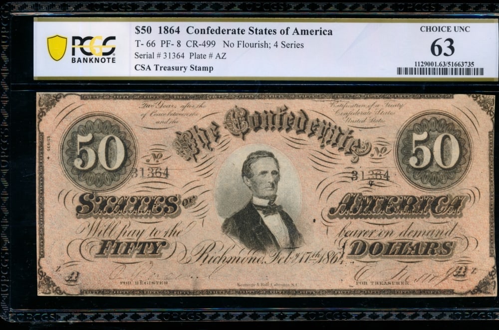 1864 $50 T-66 Confederate PCGS 63 (1 of 2)