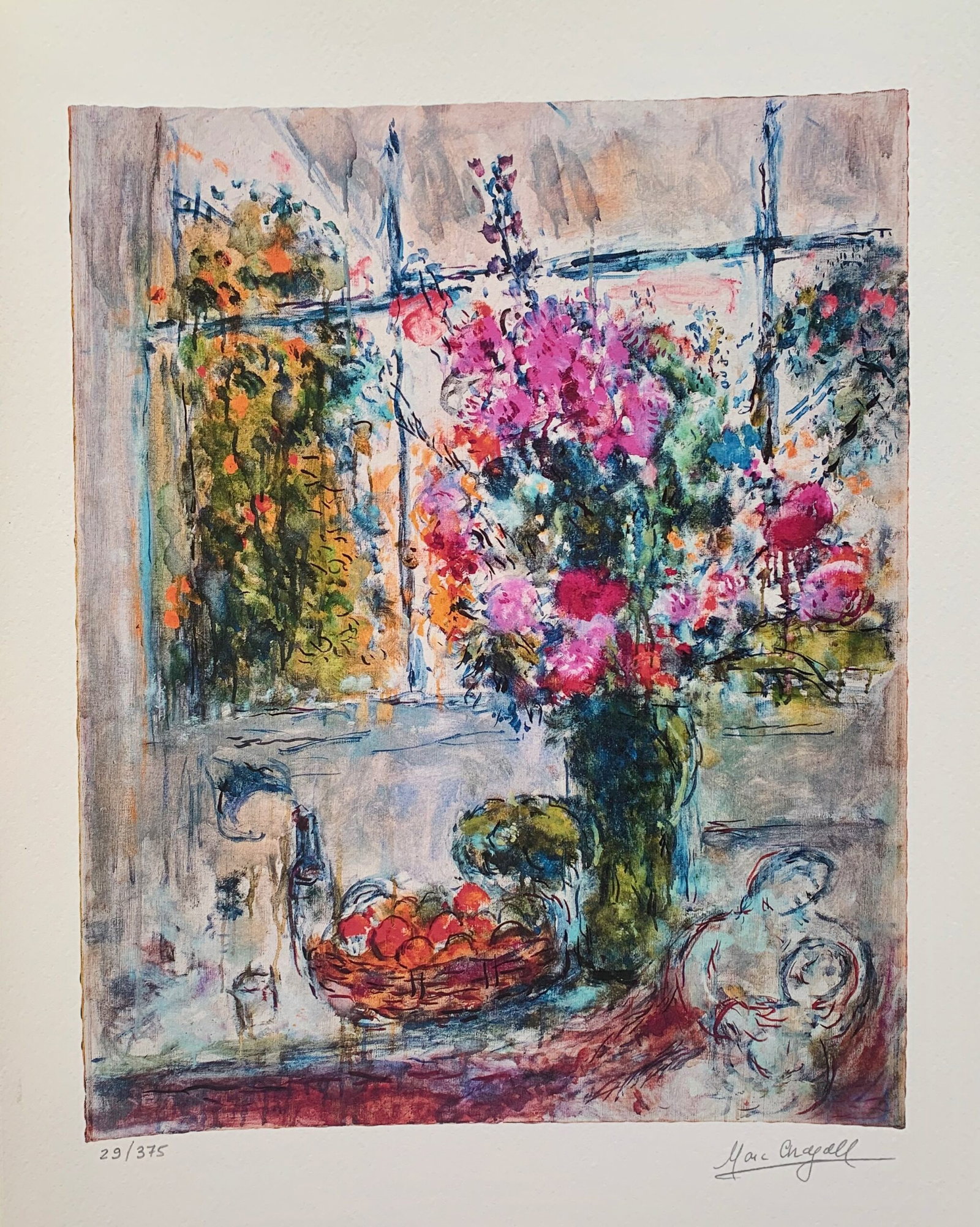 Marc Chagall FRUIT & FLOWERS Facsimile Signed Limited Edition Giclee: This is a Marc Chagall limited edition giclee titled FRUIT and FLOWERS. This subject is facsimile signed which means it has a copy of Chagalls signature. Numbered from a limited edition of 375. Image 