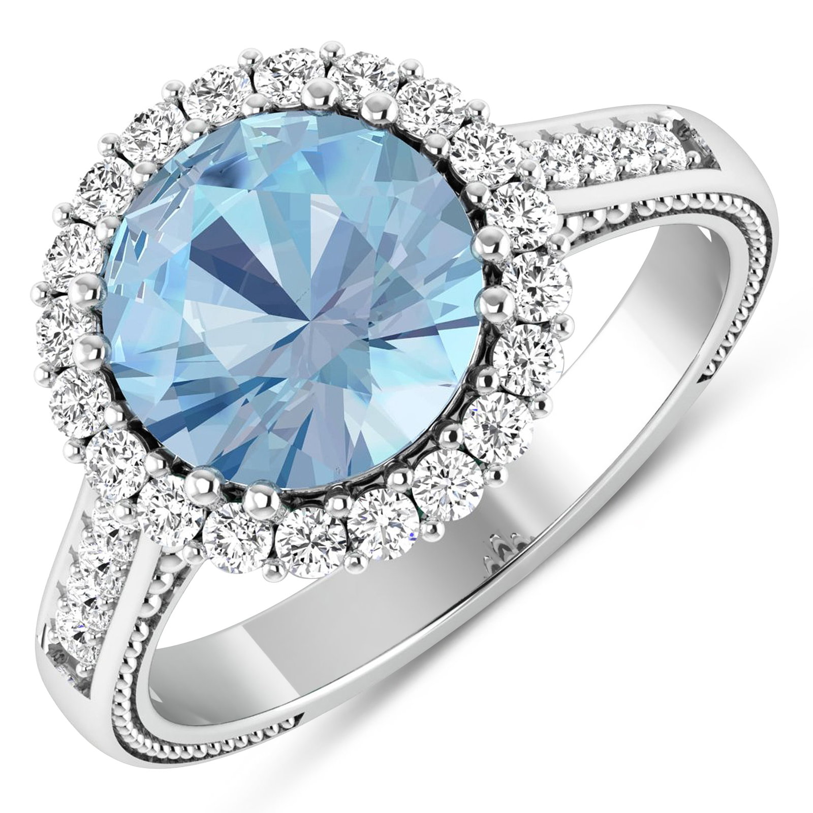 14KT White Gold 2.75ctw Aquamarine and Diamond Ring: Aquamarine (AA+) Round 9.00mm - 1Pc + White Diamond F/C Round 1.90mm - 4Pcs + White Diamond F/C Round 1.60mm - 16Pcs + White Diamond F/C Round 1.40mm - 10Pcs ( SI-2/HI ) Total weight of gemstone is 2.