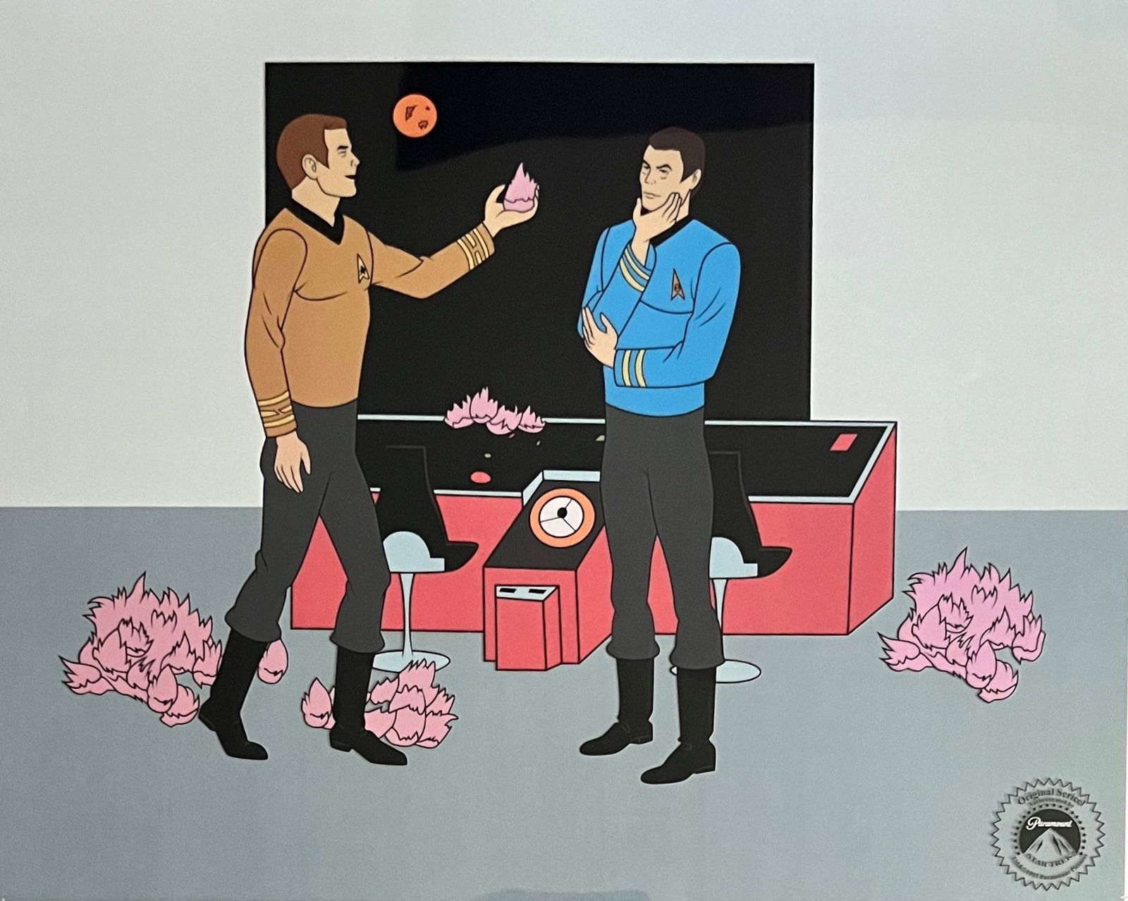 STAR TREK CAPTAIN KIRK MR SPOCK TRIBBLES Sericel Animation Art: This is a sericel from the animated series Star Trek which debuted in 1972. This sericel is titled The Trouble with Tribbles and features Captain Kirk and Mr Spock as they appeared in the original ani