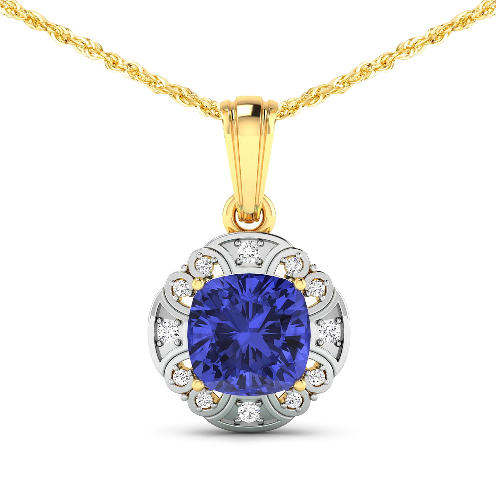 14KT Yellow Gold 1.99ctw Tanzanite and Diamond Pendant: Tanzanite (AA+) Cushion 8.00mm - 1Pc + White Diamond F/C Round 1.50mm - 4Pcs + White Diamond F/C Round 1.00mm - 8Pcs ( White Pan Rhodium ) ( SI-2/HI ) Total weight of gemstone is 1.99cts. Total Diamon