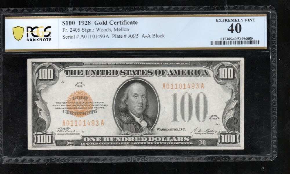 1928 $100 Gold Certificate PCGS 40: One 1928 $100 Gold Certificate PCGS 40.