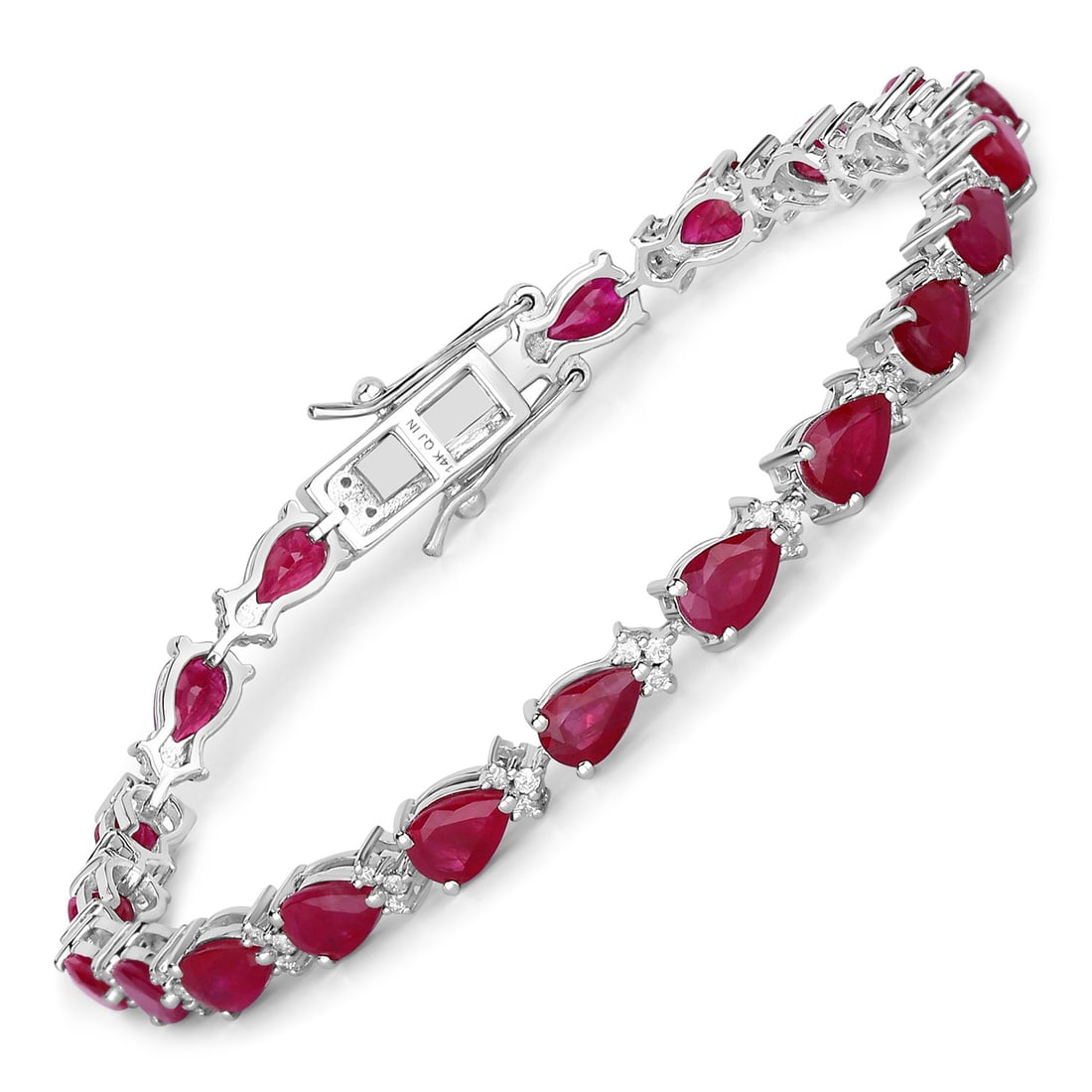 14KT White Gold 8.90ctw Mozambique Rudy and Diamond Bracelet: This exquisite women's tennis bracelet is crafted in 14K white gold with a fine finish. Measuring 7.00 inches in length, 4.83mm in width, and 4.06mm in height, it features a secure box clasp with tong