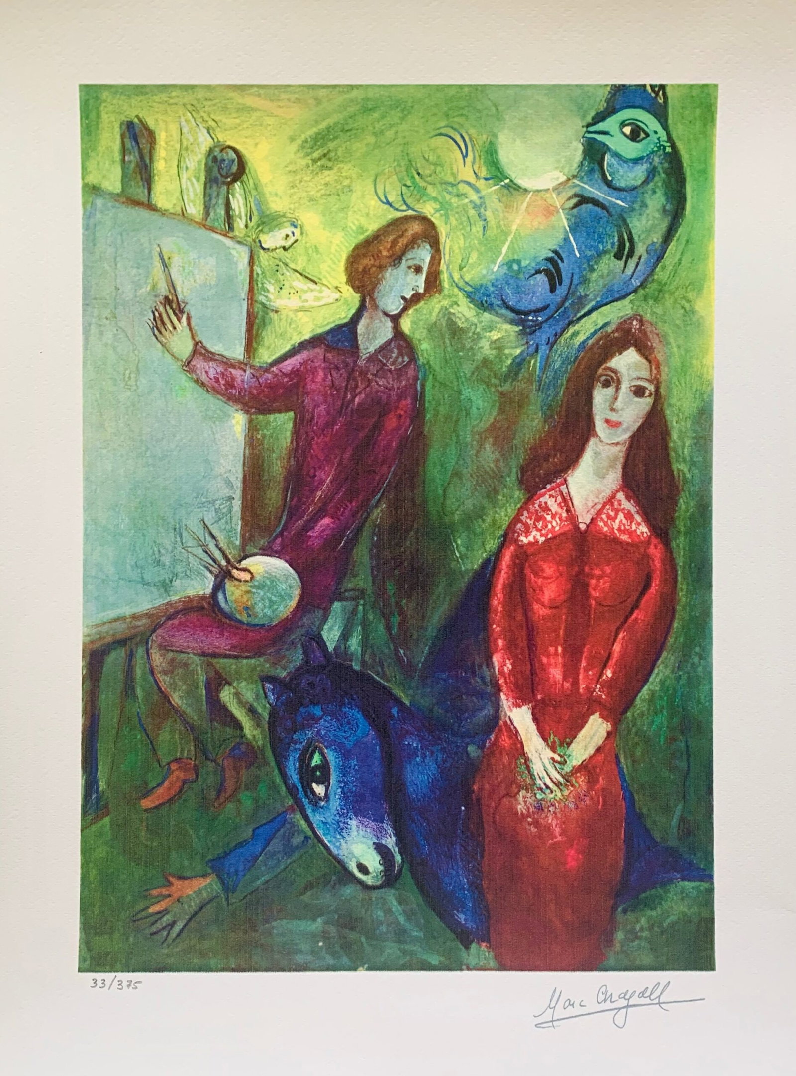 Marc Chagall ARTIST & HIS MODEL Limited Edition Facsimile Signed Giclee: This is a Marc Chagall limited edition giclee titled The Artist and his Model. This giclee is facsimile signed on the lower right and is pencil numbered on the lower left from an edition of 375.