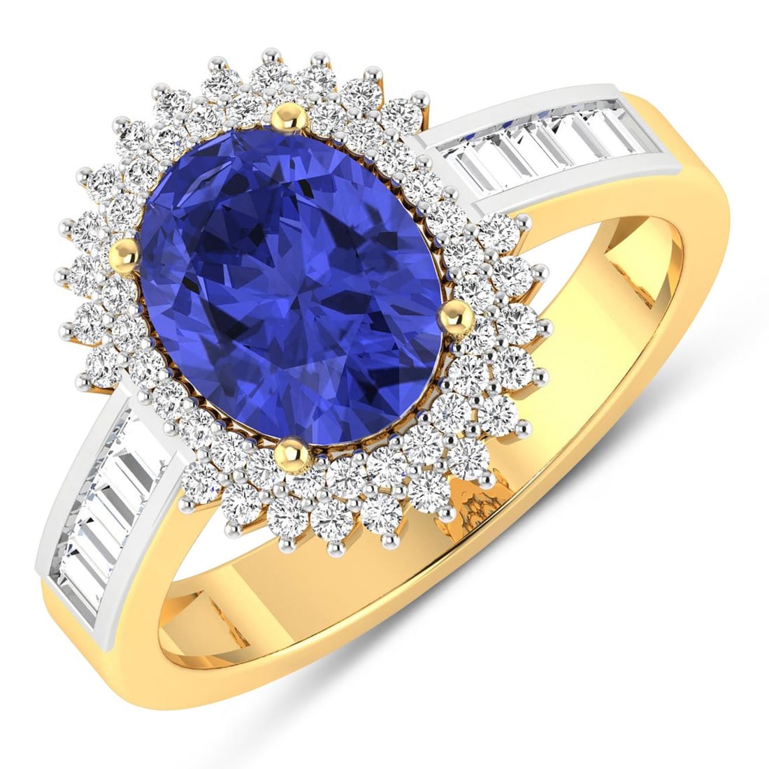 14KT Yellow Gold 1.41ctw Tanzanite and Diamond Ring: Tanzanite (AA+) Oval 9x7mm - 1Pc + White Diamond Baguette 2.00x1.50mm - 10Pcs + White Diamond F/C Round 1.00mm - 52Pcs ( White Pan Rhodium ) ( SI-2/HI ) Total weight of gemstone is 1.41cts. Total