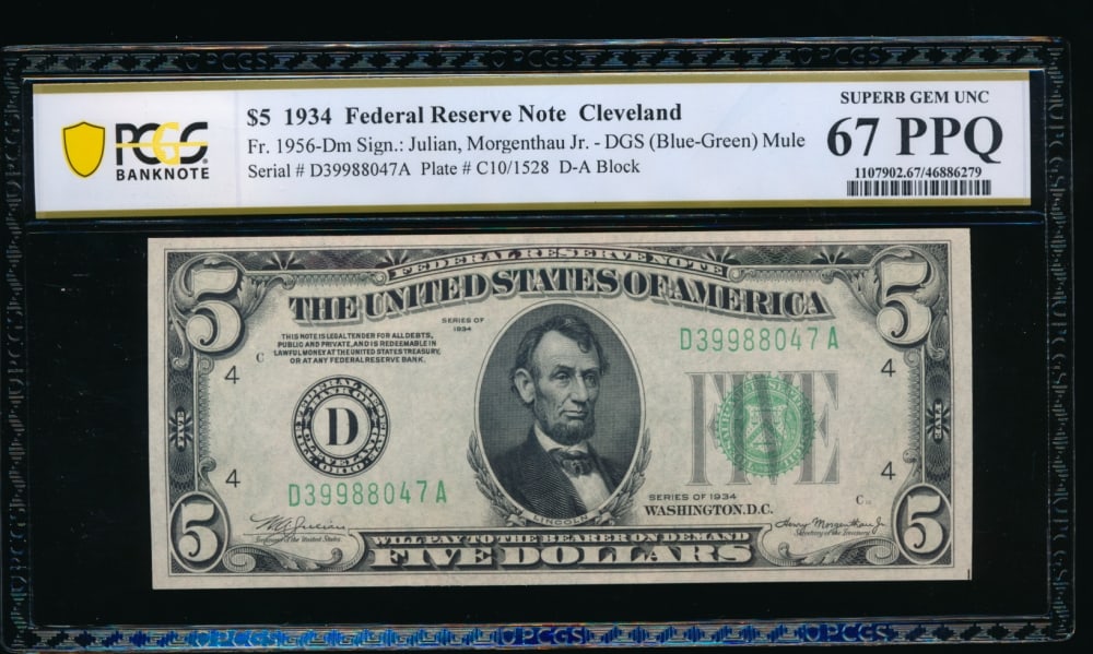 1934 $5 Cleveland FRN PCGS 67PPQ: One 1934 $5 Cleveland FRN PCGS 67PPQ.