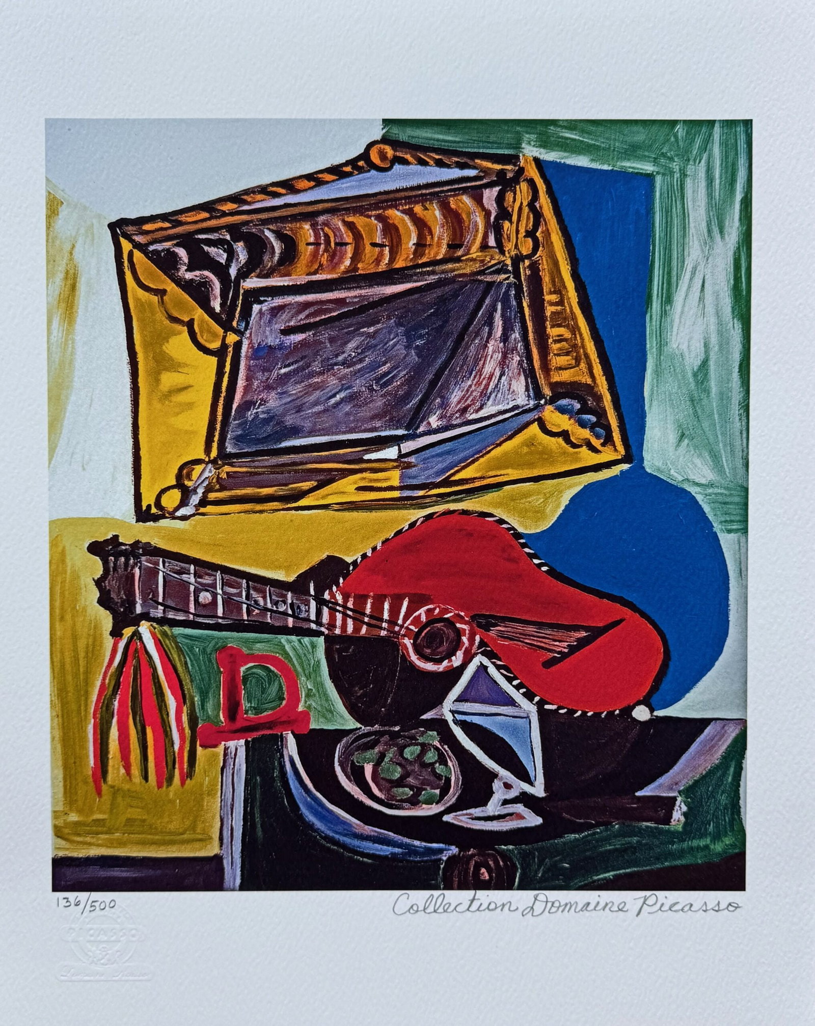 Pablo Picasso STILL LIFE WITH GUITAR Estate Signed Limited Edition Giclee: This is a PABLO PICASSO (ESTATE COLLECTION DOMAINE) (1881-1973) giclee titled STILL LIFE WITH GUITAR. This piece is pencil signed on the lower right as Collection Domaine Picasso and has an embossed