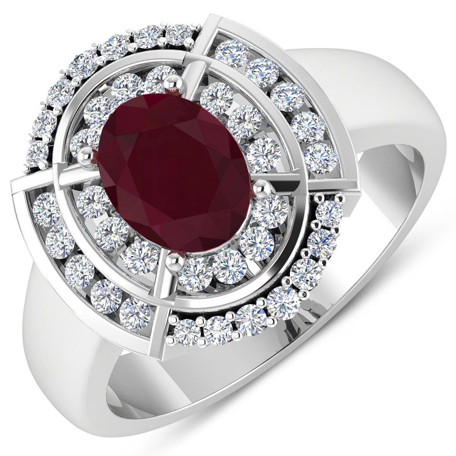 14KT White Gold 1.5ct Ruby and Diamond Ring: Ruby (AA) Oval 8x6mm - 1Pc + White Diamond F/C Round 1.50-1.60mm - 24Pcs + White Diamond F/C Round 1.20mm - 14Pcs (I1-I2/I color). Total weight of gemstone is 1.5cts. Total weight of Diamonds is