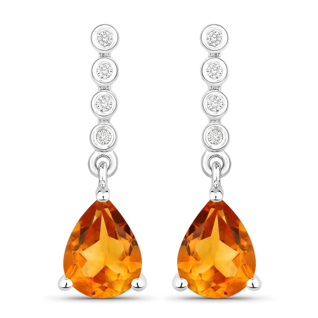 Plated Rhodium 1.80ctw Citrine and Lab Diamond Earrings: Citrine Pear/8x6mm - 2/1.80 ctw Prong Setting Natural Heat Treated N + Lab Grown Diamond Round/1.20mm - 8/0.06 ctw
