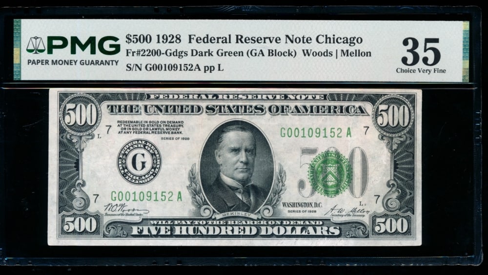 1928 $500 Chicago FRN PMG 35: One 1928 $500 Chicago FRN PMG 35.