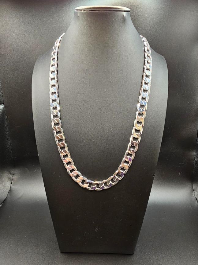 Huge 85 Gram 14 Kt Tri-Layered .925 Silver Plated Cuban Link Necklace: Strong and durable heavy Tri-Layered .925 Sterling Silver Curb Link Necklace weighing 85 Grams. This High Quality Silver Necklace looks and wears just like solid silver and It will not fade. This fine