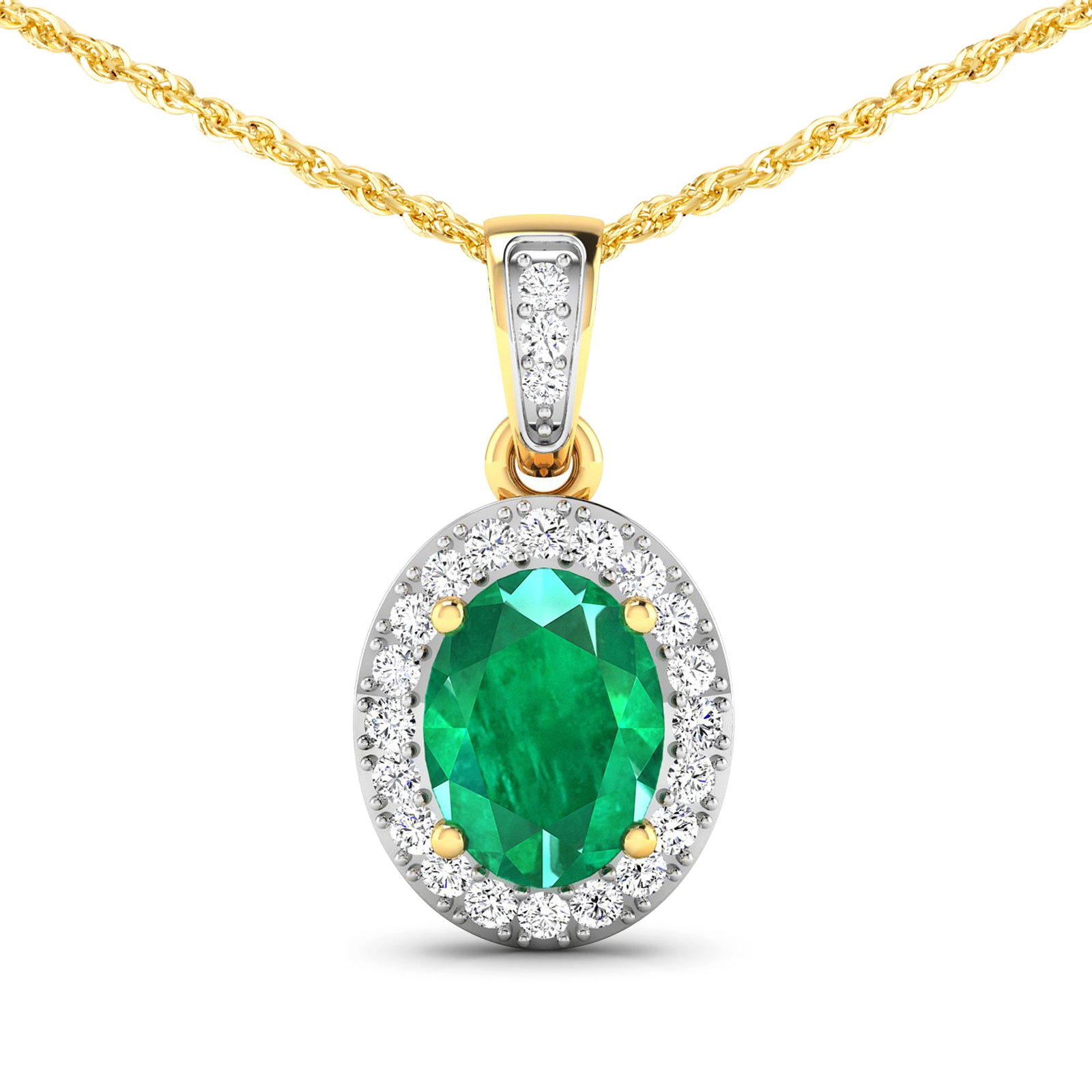 14KT Yellow Gold 1.00ct Zambian Emerald and Diamond Pendant with Chain: 1 Zambian Emerald with a total weight of 1.00cts. Zambian Emerald (AA) Oval 8x6mm - 1Pc + White Diamond F/C Round 1.20mm - 22Pcs + White Diamond F/C Round 1.10mm - 1Pc ( I1-I2/I color). Diamonds with 