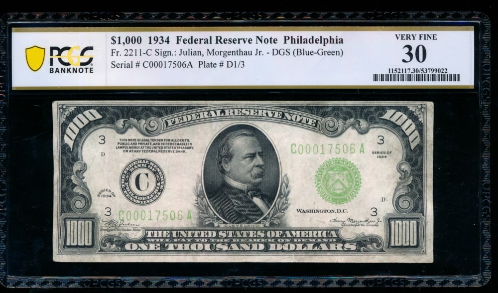 1934 $1000 Philadelphia FRN PCGS 30 (1 of 2)