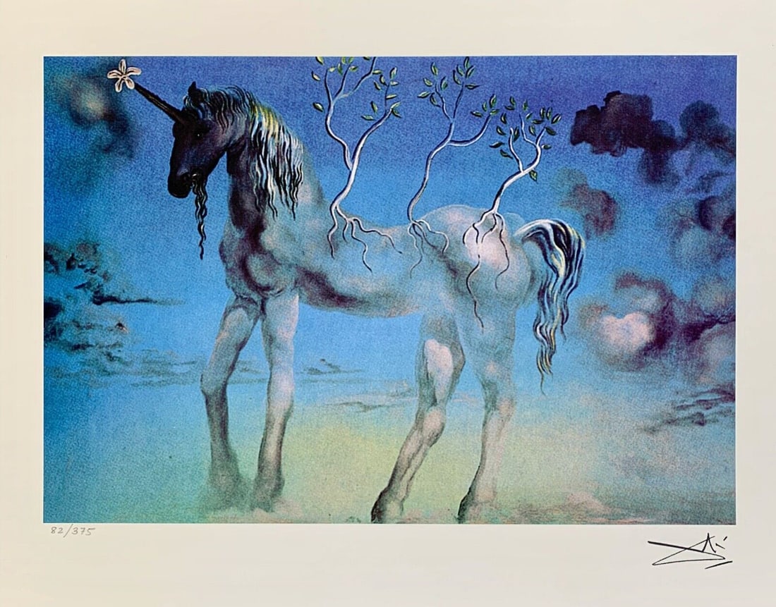 Salvador Dali THE HAPPY UNICORN Facsimile Signed & Numbered Giclee: This is a limited edition giclee titled THE HAPPY UNICORN by Salvador Dali. This piece is facsimile signed on the lower right. Pencil numbered from an edition of 375. Paper measures 12 inches x 16 inc