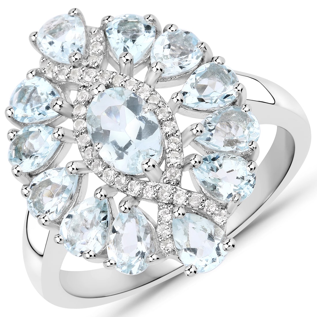 Plated Rhodium 1.80ctw Aquamarine and White Topaz Ring: 1.89 Carat Genuine Aquamarine and White Topaz .925 Sterling Silver Ring. Aquamarine Oval/6x4mm - 1/0.36 ctw Prong Setting Natural Heat Treated. Aquamarine Pear/4x3mm - 12/1.44 ctw Natural Heat Treated